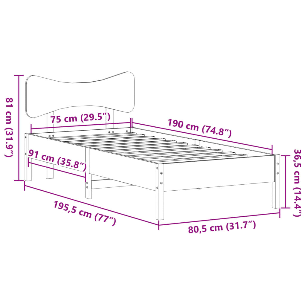 Bed Frame without Mattress Wax Brown 75x190 cm Small Single Solid Wood Pine