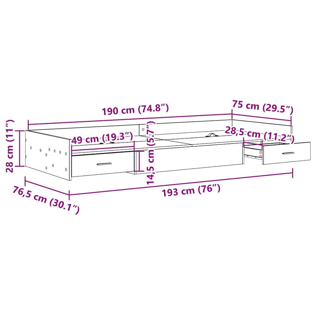 Storage Bed Frame Concrete Grey 75 x 190 cm Engineered wood