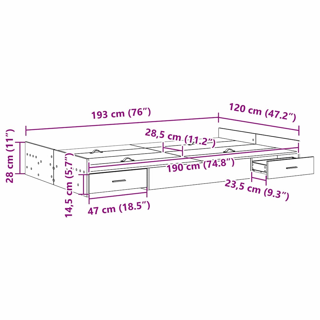 Storage Bed Frame with Drawer Black oak 120 x 190 cm Melamine