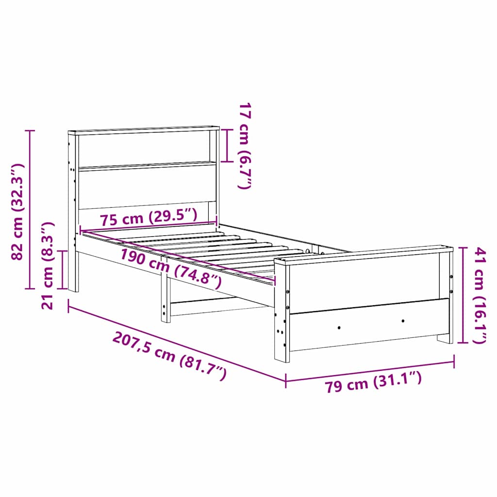 Bed Frame with Headboard Wax brown 75 x 190 cm Solid pine wood
