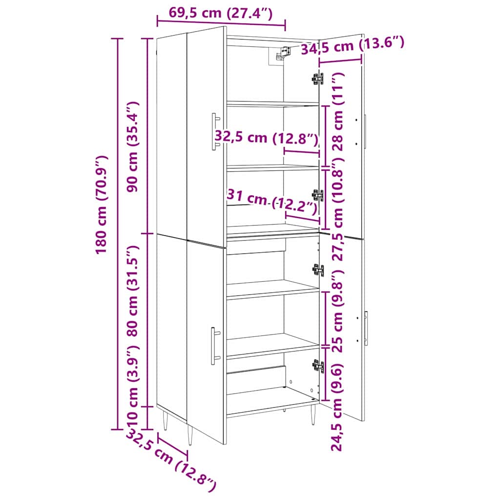 Highboard Old wood 69.5 x 34 x 180 cm Engineered wood
