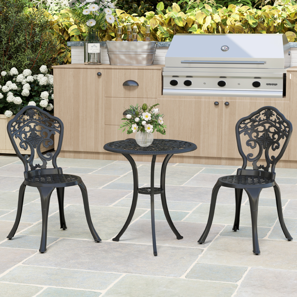 Outsunny 3 PCs Cast Aluminium Bistro Set w/ Parasol Hole for Balcony, Black