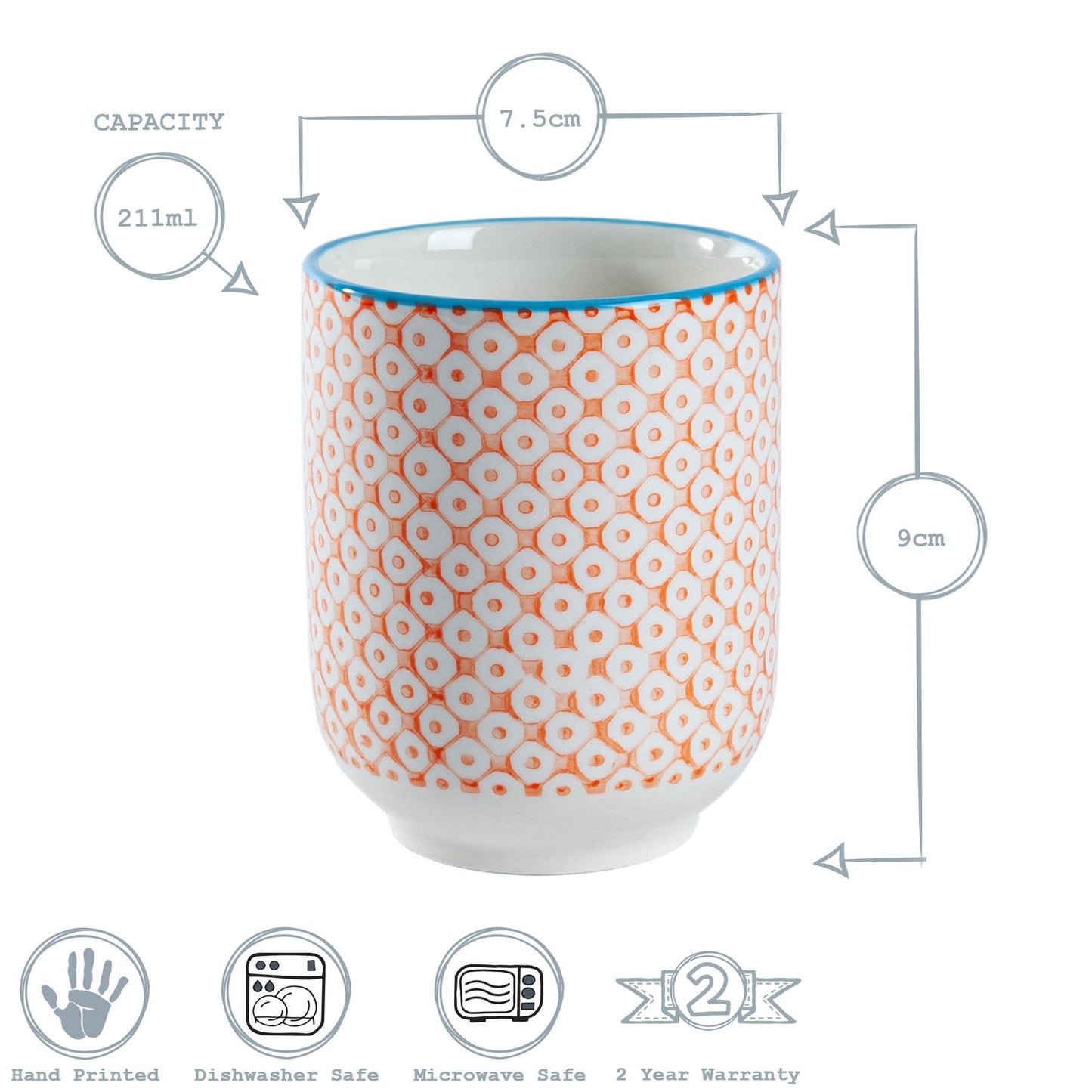 280ml Orange Hand Printed Stoneware Tumblers - Pack of Six
