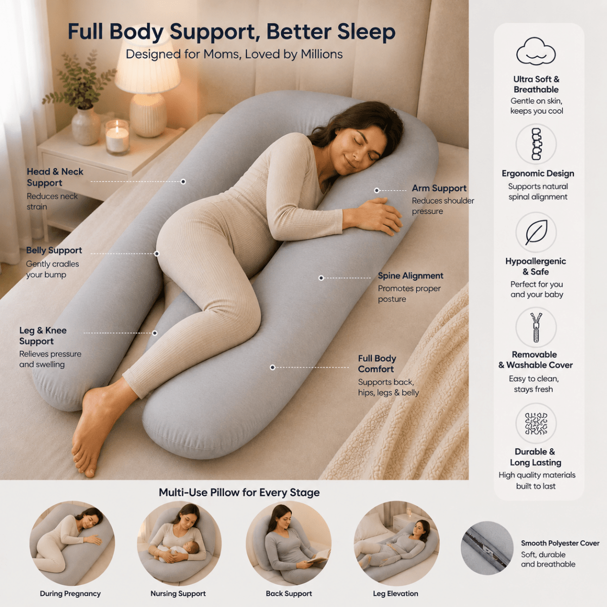 12 Ft Maternity Pillow And Case - White