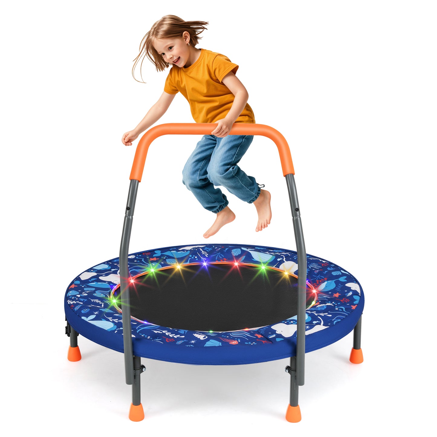 90 cm Folding Mini Trampoline for Kids with Lights and Padded Safety Cover-Pink