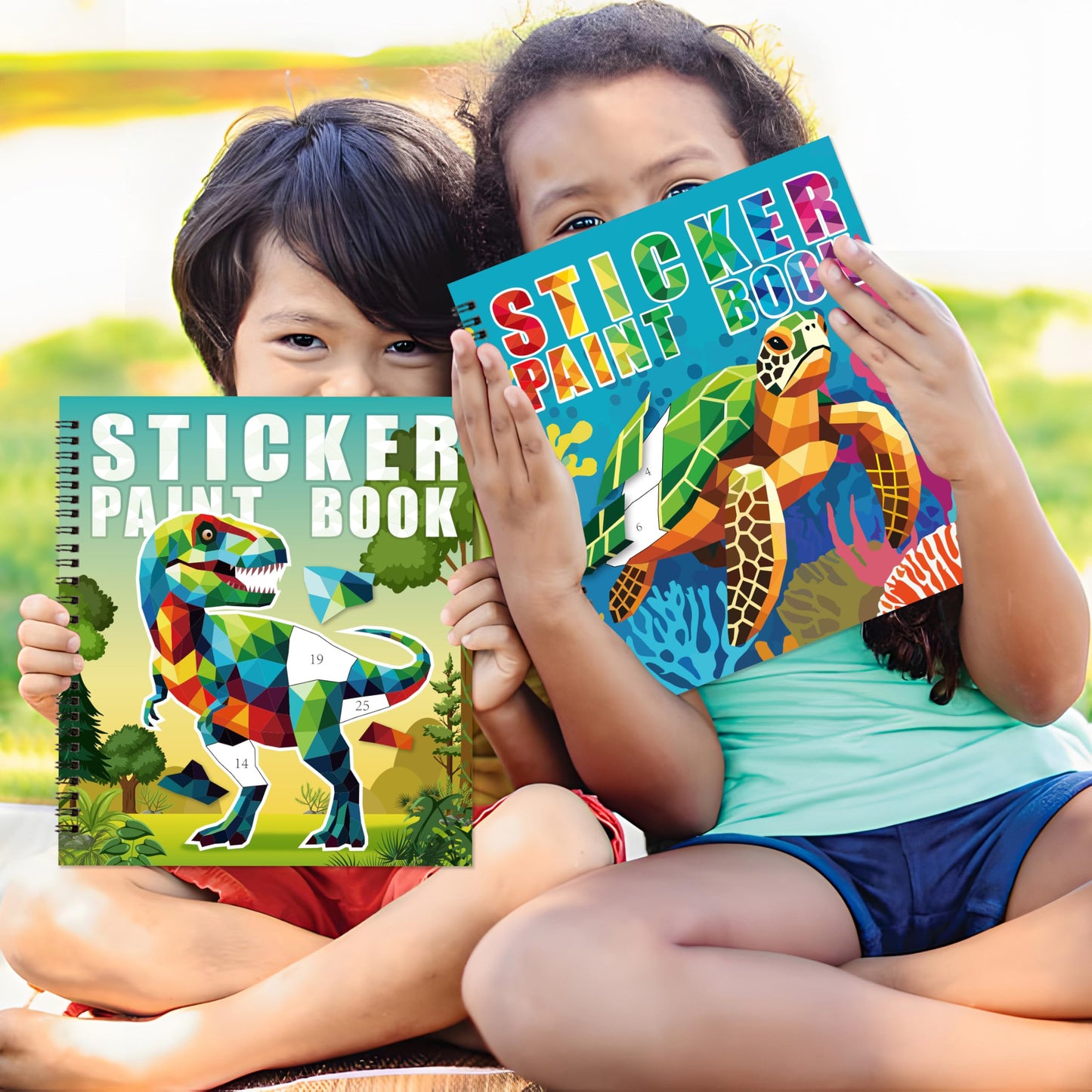 90shine 4-Pack Sticker Paint Books for Kids 4-8 — Dinosaurs, Marine & Land Animals, 40 Pictures