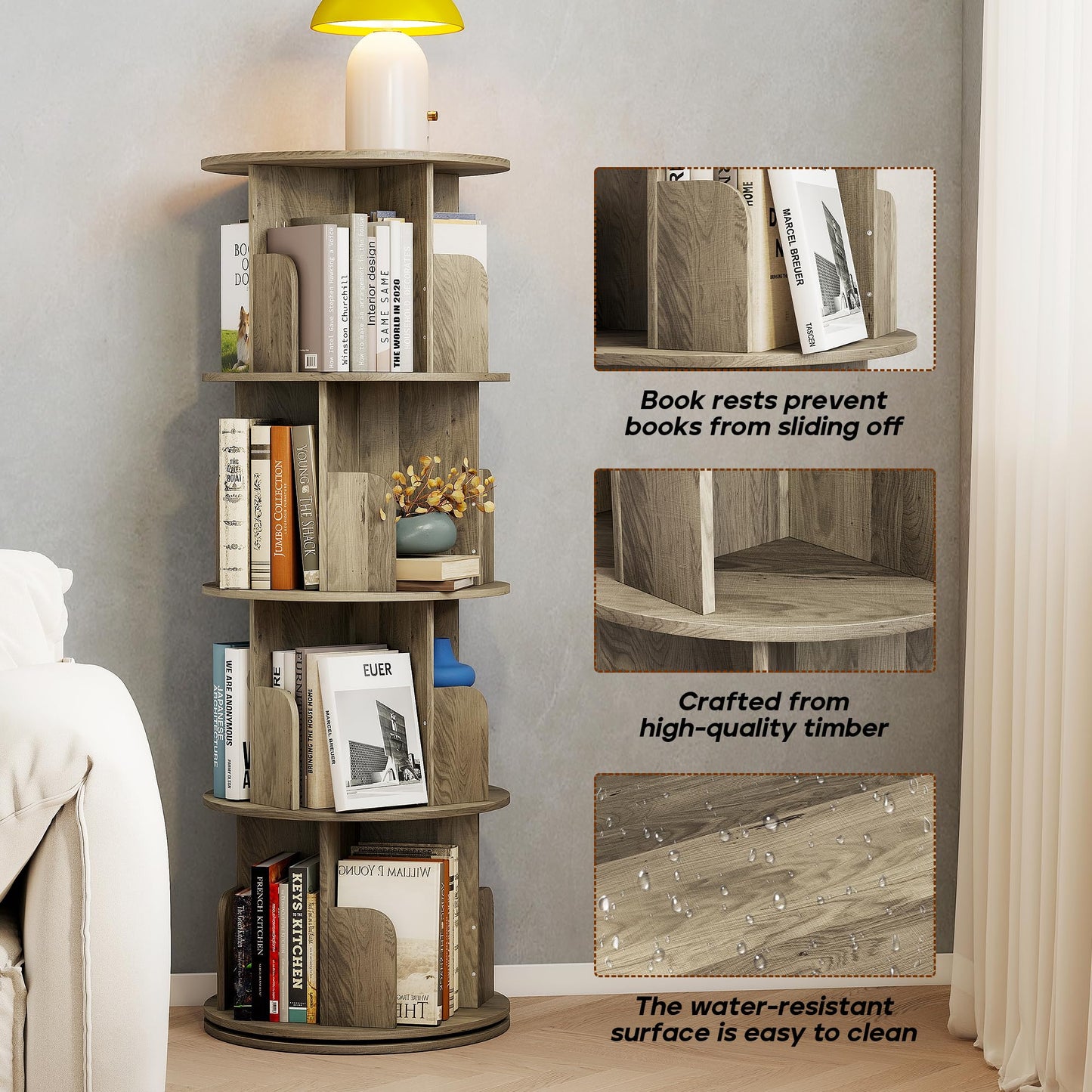 Quikraen 4-Tier Rotating Bookshelf,360° Rotating Storage Rack,Oak Color