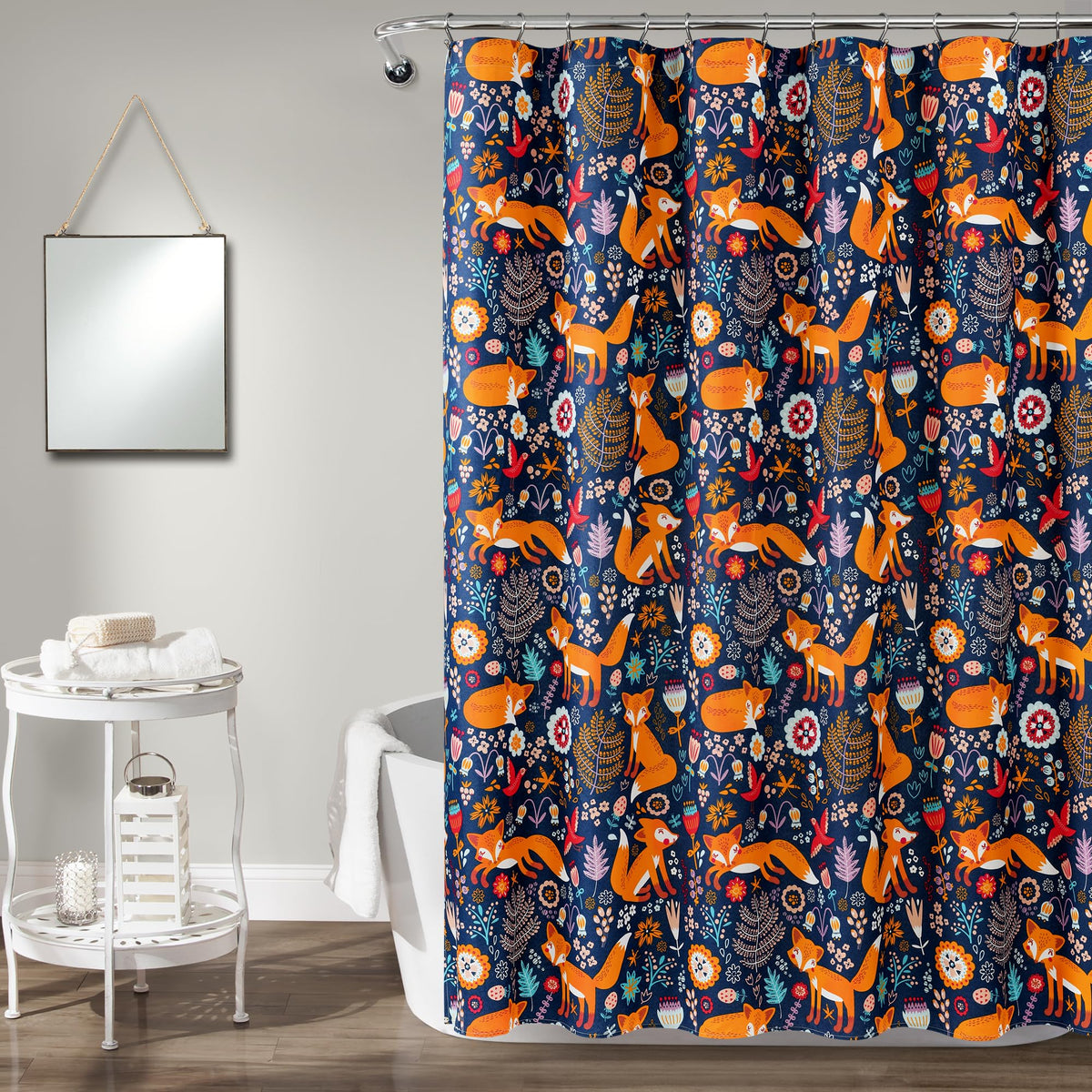 Lush Decor Pixie Fox Shower Curtain, 72" W x 72" L, Navy - Whimsical Floral & Fox Pattern - Fun Kids Shower Curtain - Woodland Kids Bathroom Decor