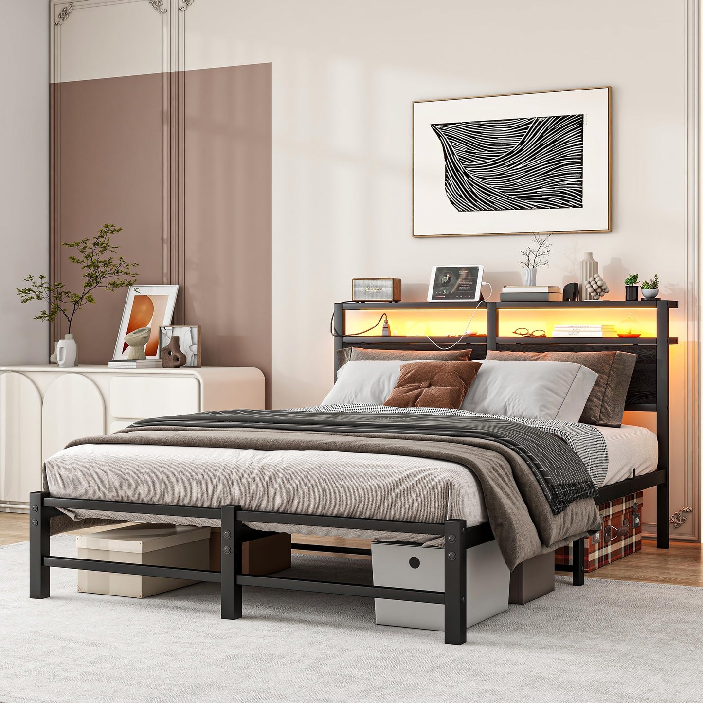 VERFARM King Size Bed Frame with Wood Storage Shelf Headboard and Charging Station/LED Lights, Heavy Duty Metal Platform Bed Frame King 5ft, No Box