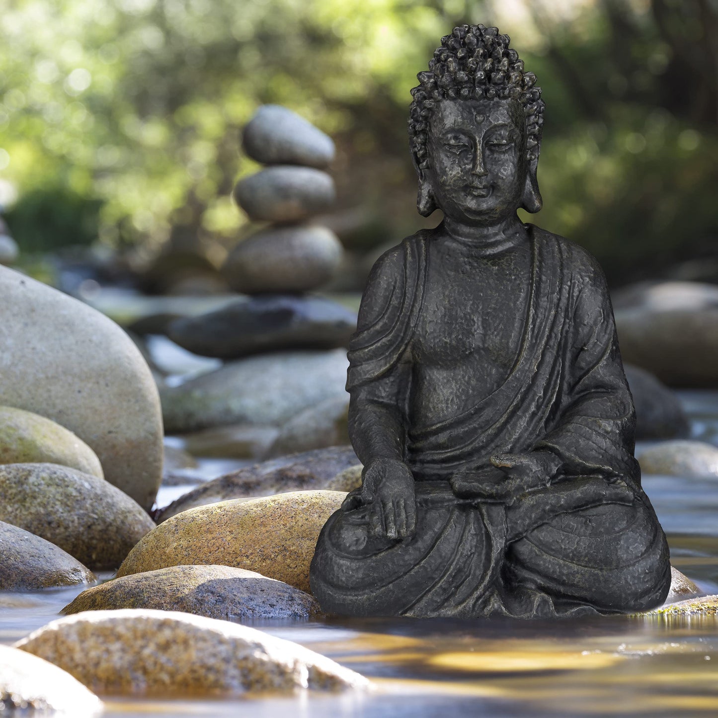 Relaxdays Sitting, 40 cm, Feng Shui, Outdoor, Garden, D?cor, Big Zen Buddha Figurine, Light Grey, Polyresin