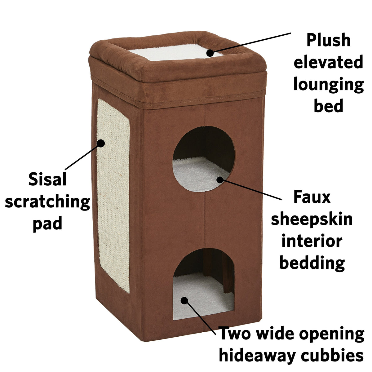 MidWest Homes for Pets Cat Condo; Tri-Level Design in Brown Faux Suede & Synthetic Sheepskin; 37.08L x 37.39W x 77.19H Centimeters; Model 137-BRC