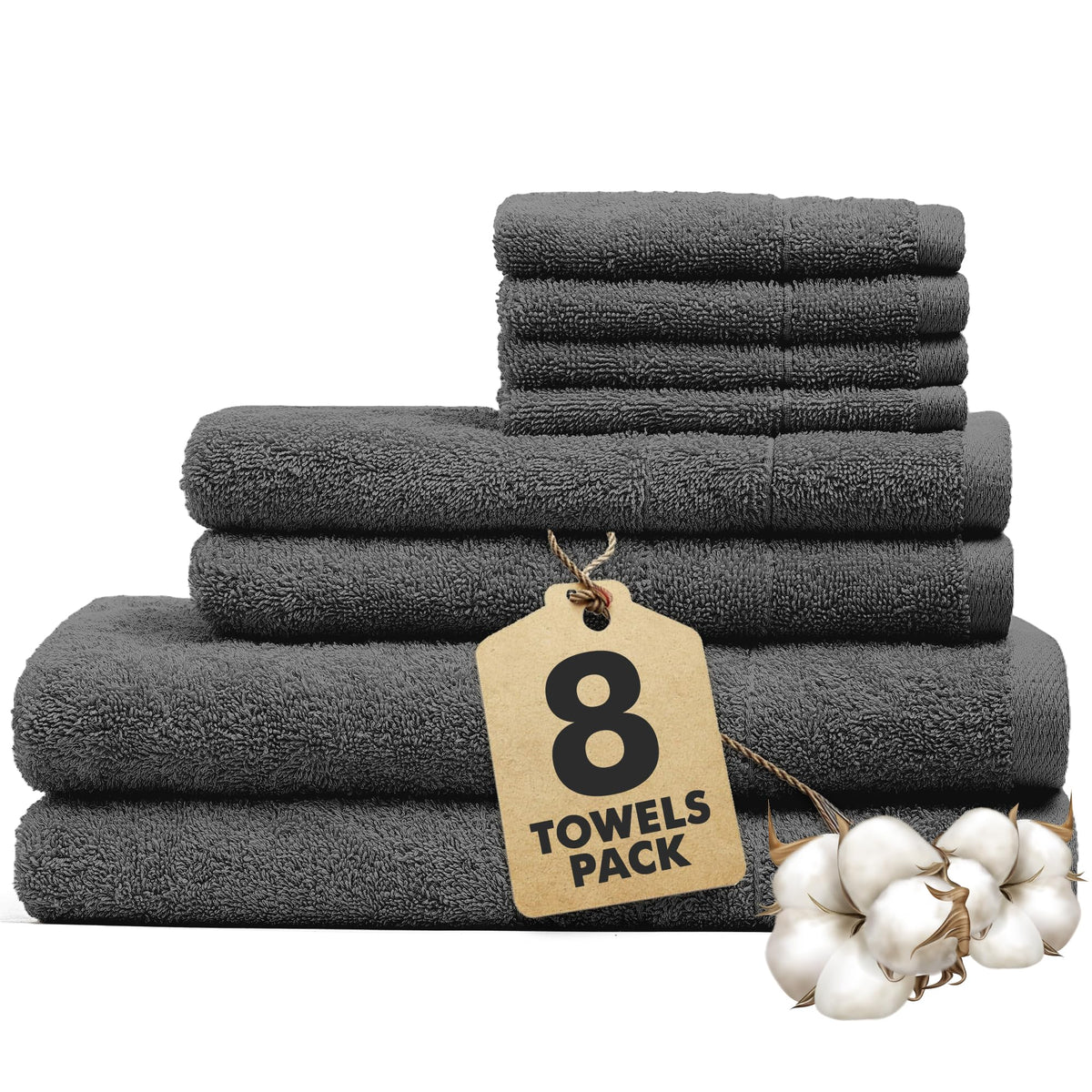 Novo Home Bath Towels Set of 8 ? 100% Cotton Dark GreyTowel Set Bale Includes 2 Bath, 2 Hand, 4 Face Towels ? Soft, Absorbent & Quick Dry Towel for