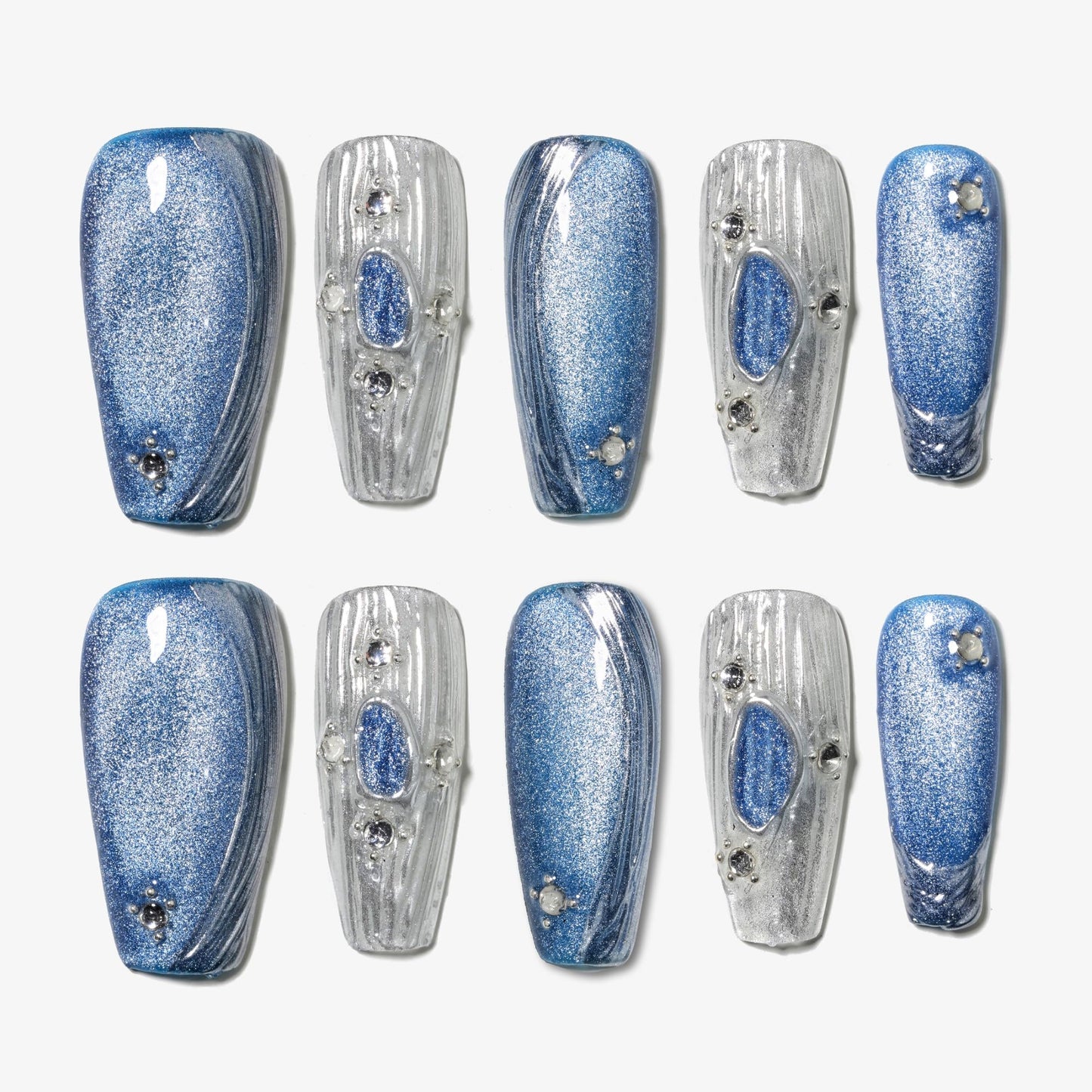 Sun&Beam Nails Handmade Press-on Medium Long Coffin Nails Silver White Blue False Nail Tips Design Baroque Style Fashionable 10 Pcs Set (#154 XS)