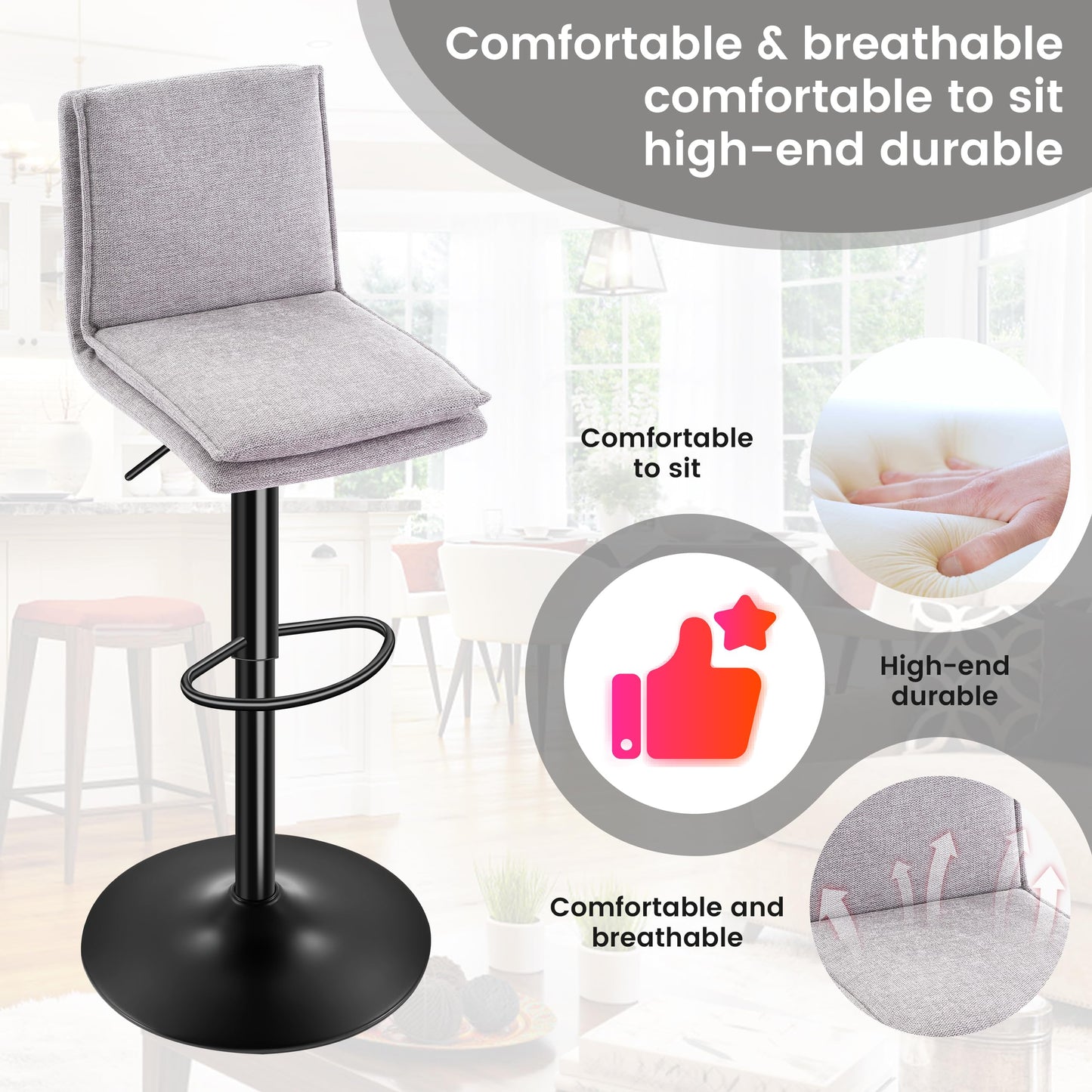 LXRADEO Bar Stools Set of 2 Adjustable Swivel Counter Height Breakfast Barstools with Backrest - Breathable Linen Fabric & Soft Cushioned Seat