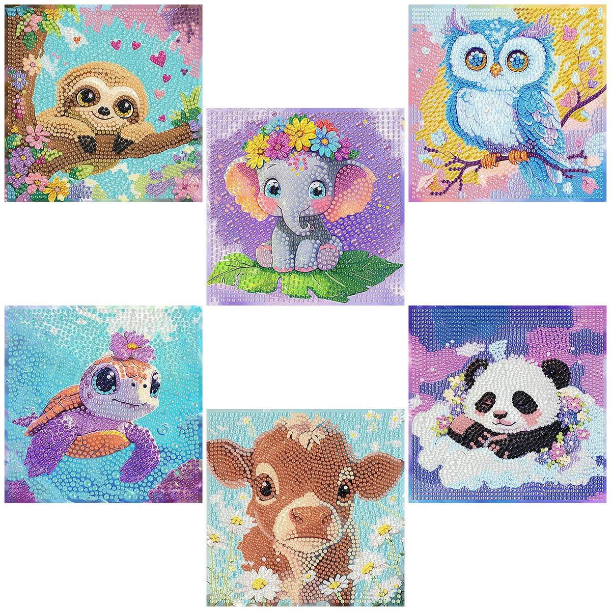 6 Pack Cartoon Diamond Art Kits for Kids Ages 6-8-10-12,Colorful Cute Animals Full Drill Diamond Painting Kits for Kids,Easy DIY Gem Mosaic Kit Art