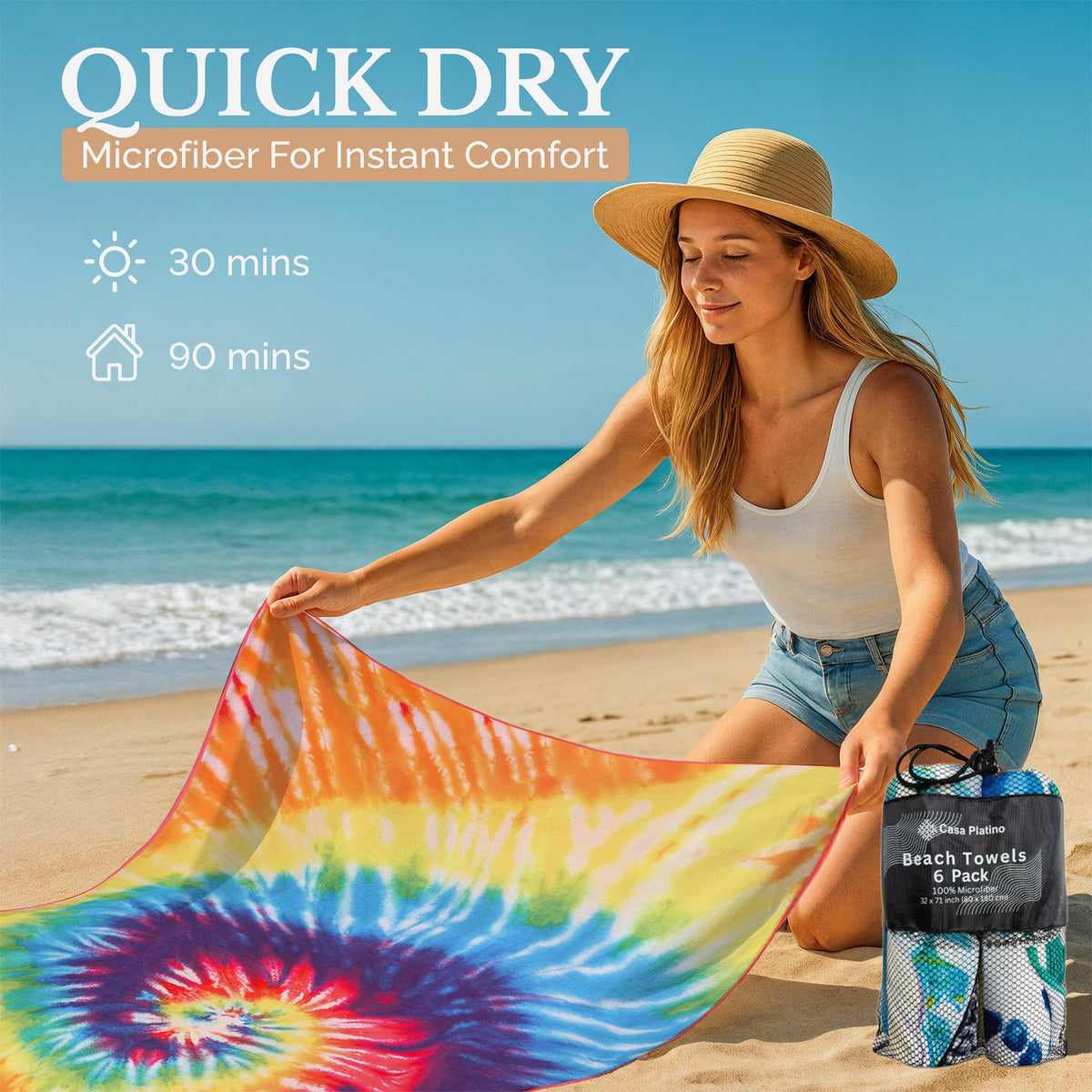 Casa Platino 6-Pack Oversized Beach Towels – 71"x32" Lightweight, Sand-Free Microfiber – Quick-Dry, Double-Sided Printed Towels for Pool, Swim