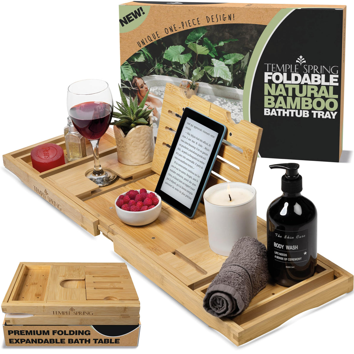 Temple Spring Foldable Bath Tray, Unique Design Wooden Bath Shelf Bathroom Accessory, Home Spa Boards for Adults, Bathtub Caddy, Bamboo Bathroom