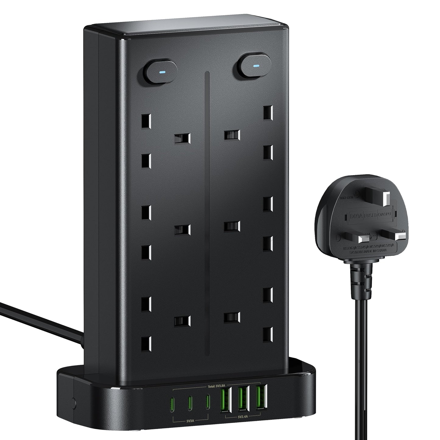 Tower Extension Lead with USB C Slots, 12 Way Multi Plug Socket Extension with 6 USB Ports, Overload Protected Extension Lead with 4 Switch Tower
