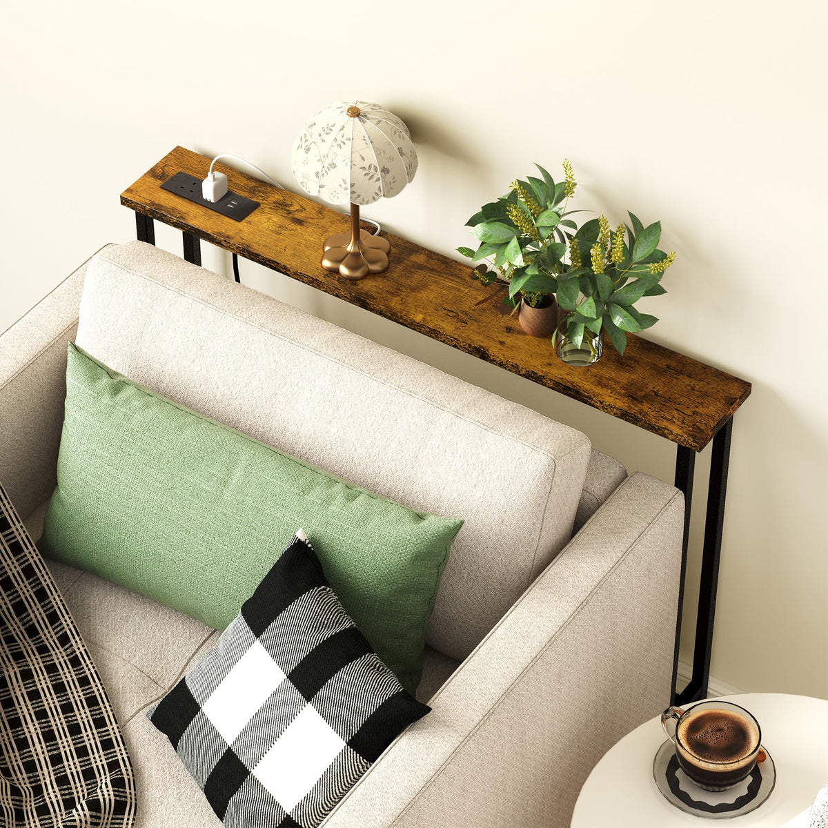 Keelian 160 cm Behind Sofa Console Table with Power Outlet Rustic Brown