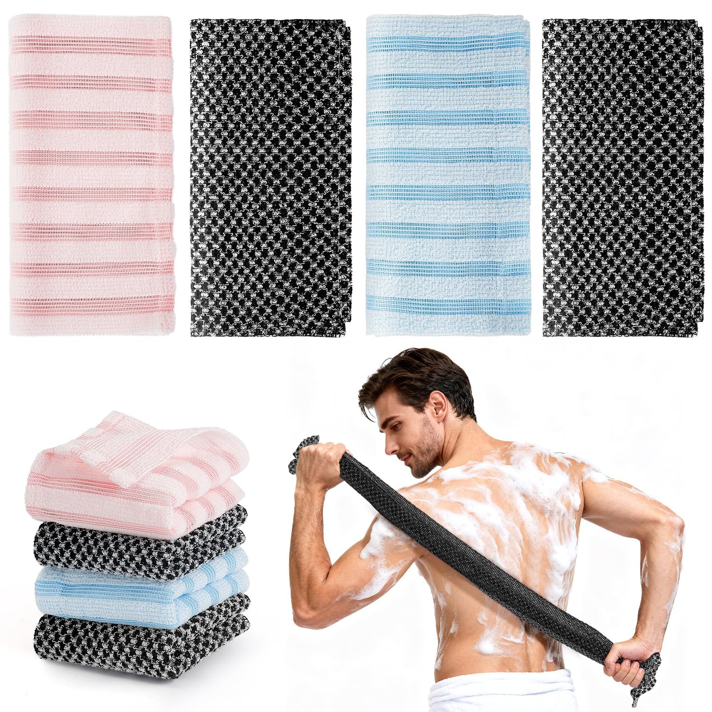 DirkFigge 4Pcs Exfoliating Shower Towel,Japanese Exfoliating Towel,Extra Long Exfoliating Towesl for Shower,Japanese Wash Cloth Exfoliating Body