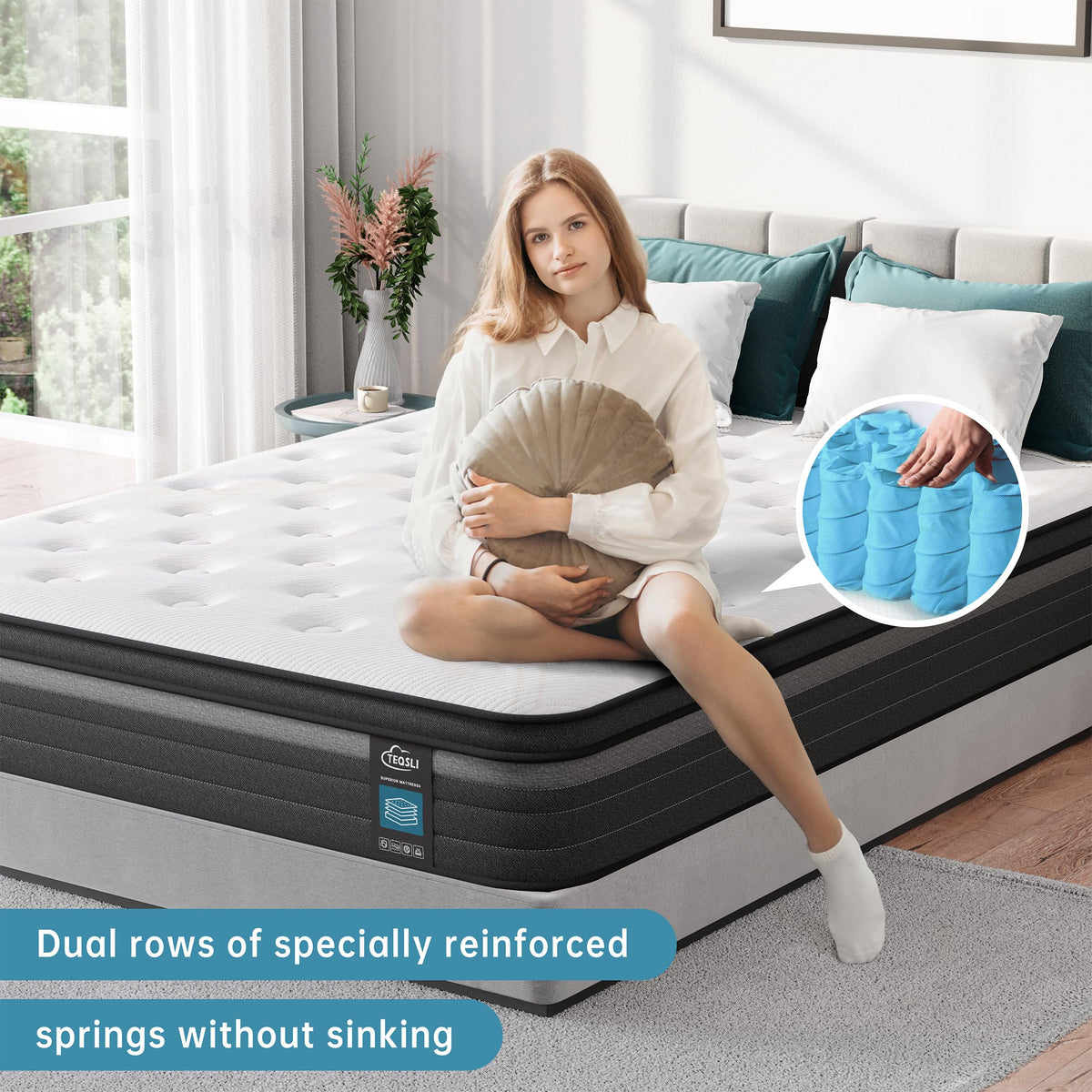 TeQsli Individually Pocket Sprung Small Double Mattress 4FT with Soft Fabric, 9 Inch Hybrid Mattress Small Double for Pressure & Back Pain Relief