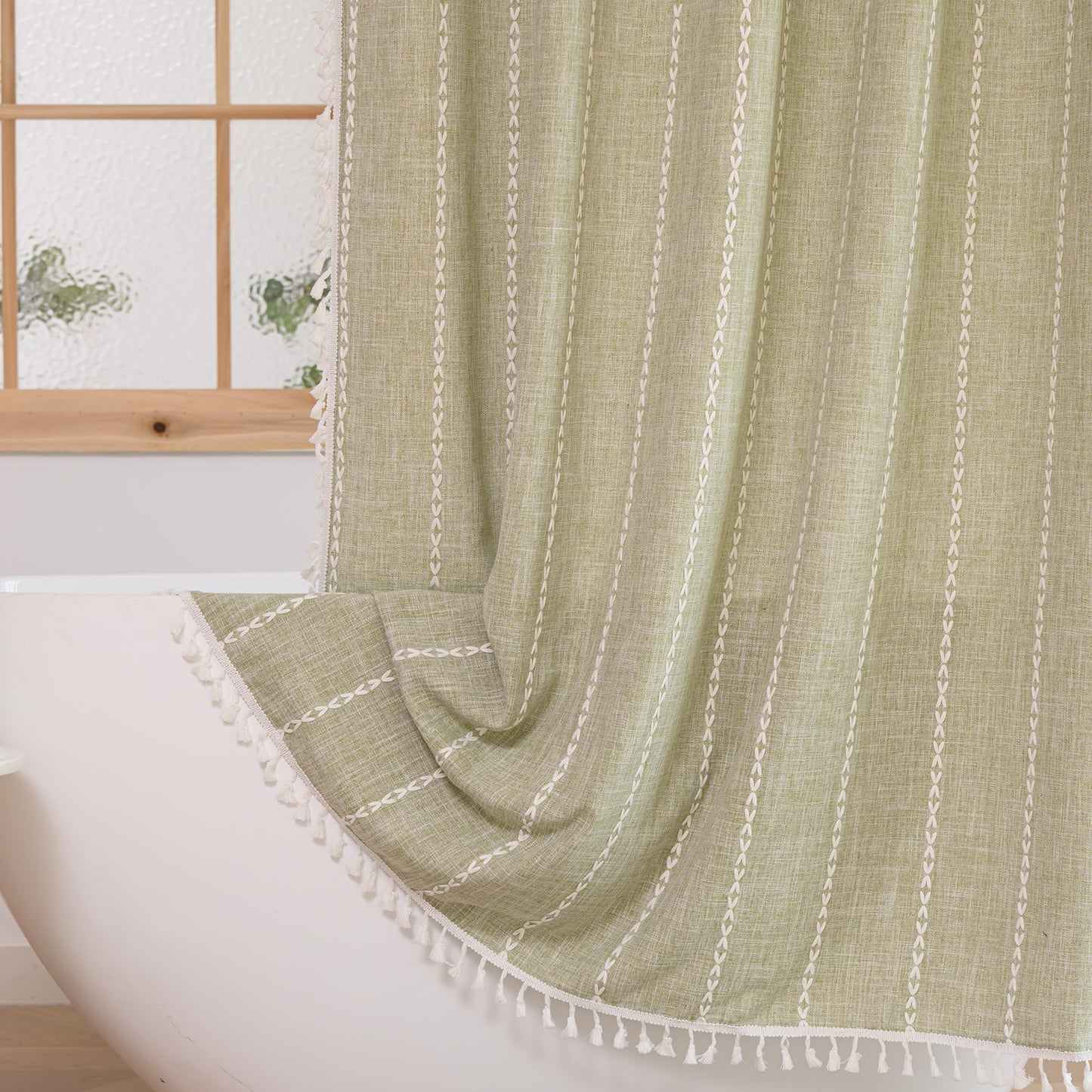 Plenmor Shower Curtain for Bathroom Heavy Weight Fabric Cotton Shower Curtain with Hooks Waterproof Stripe Bathtub Boho Curtain (Sage Green, W 70.9" x