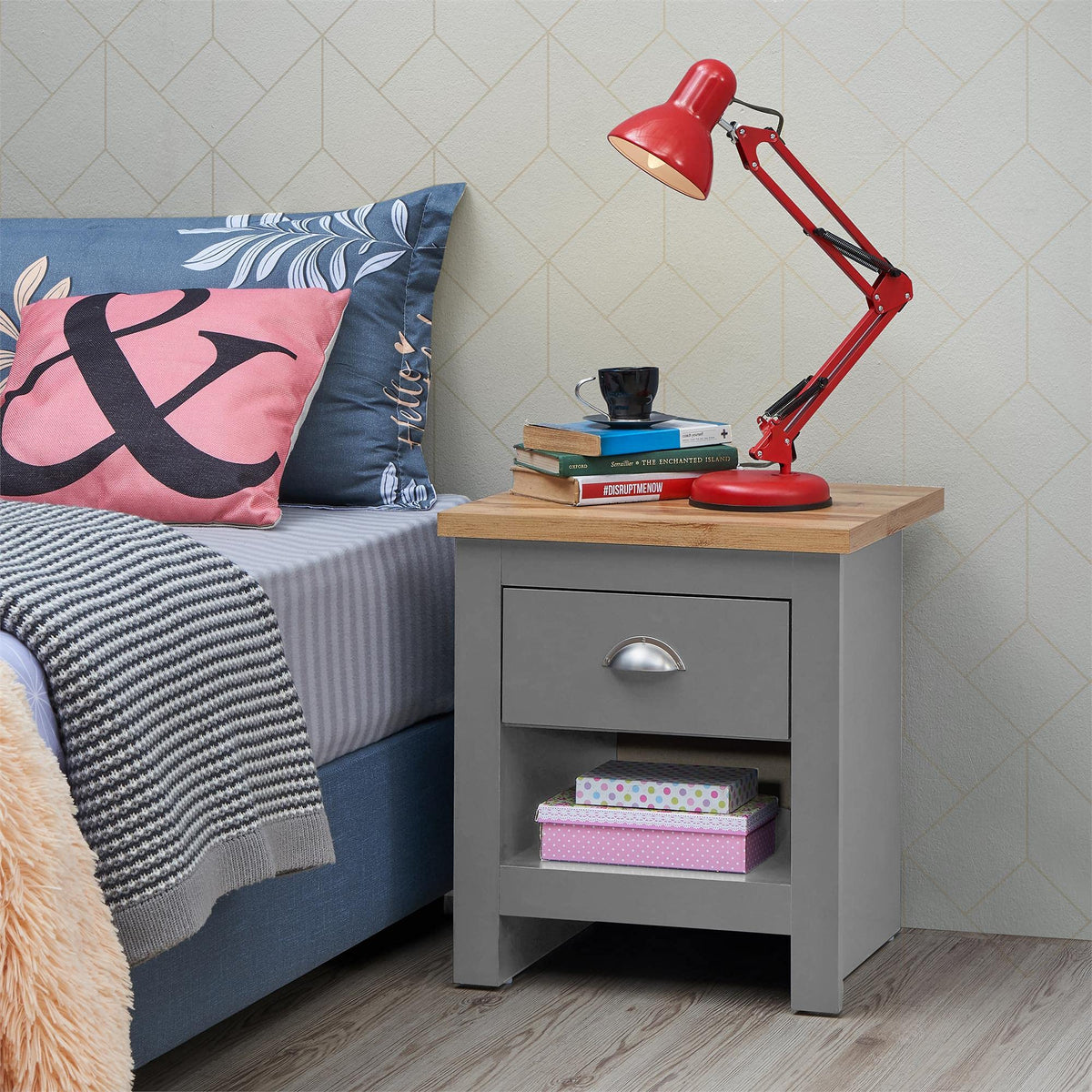 Timber Art Design UK Lisbon 1 Drawer Chest Bedside Cabinet Storage Unit Nightstand Table Modern Furniture for Living Room, Bedroom, Hallway, Light