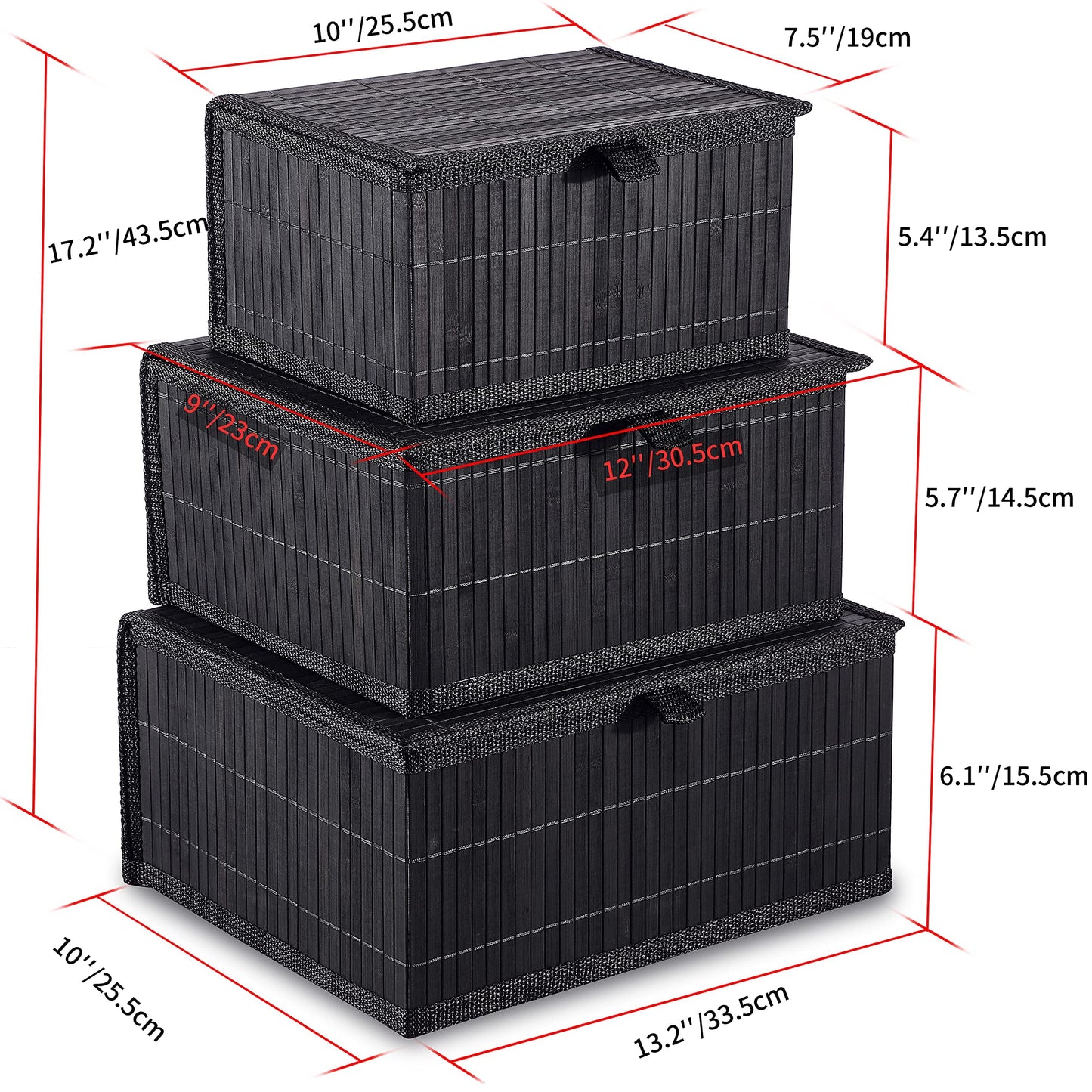 Honygebia Storage Basket with Lid โ Black Decorative Bamboo Box for Organizing, Set of 3 Wicker Basket and Woven Fabric Lining for Home, Kitchen