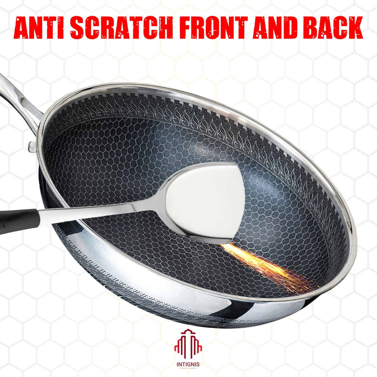 INTIGNIS Wok with Oven-Safe Lid - Anti Scratch Kitchen, for Sauting, Roasting, Broiling Large 30cm Stainless-Steel Skillet - German GREBLON
