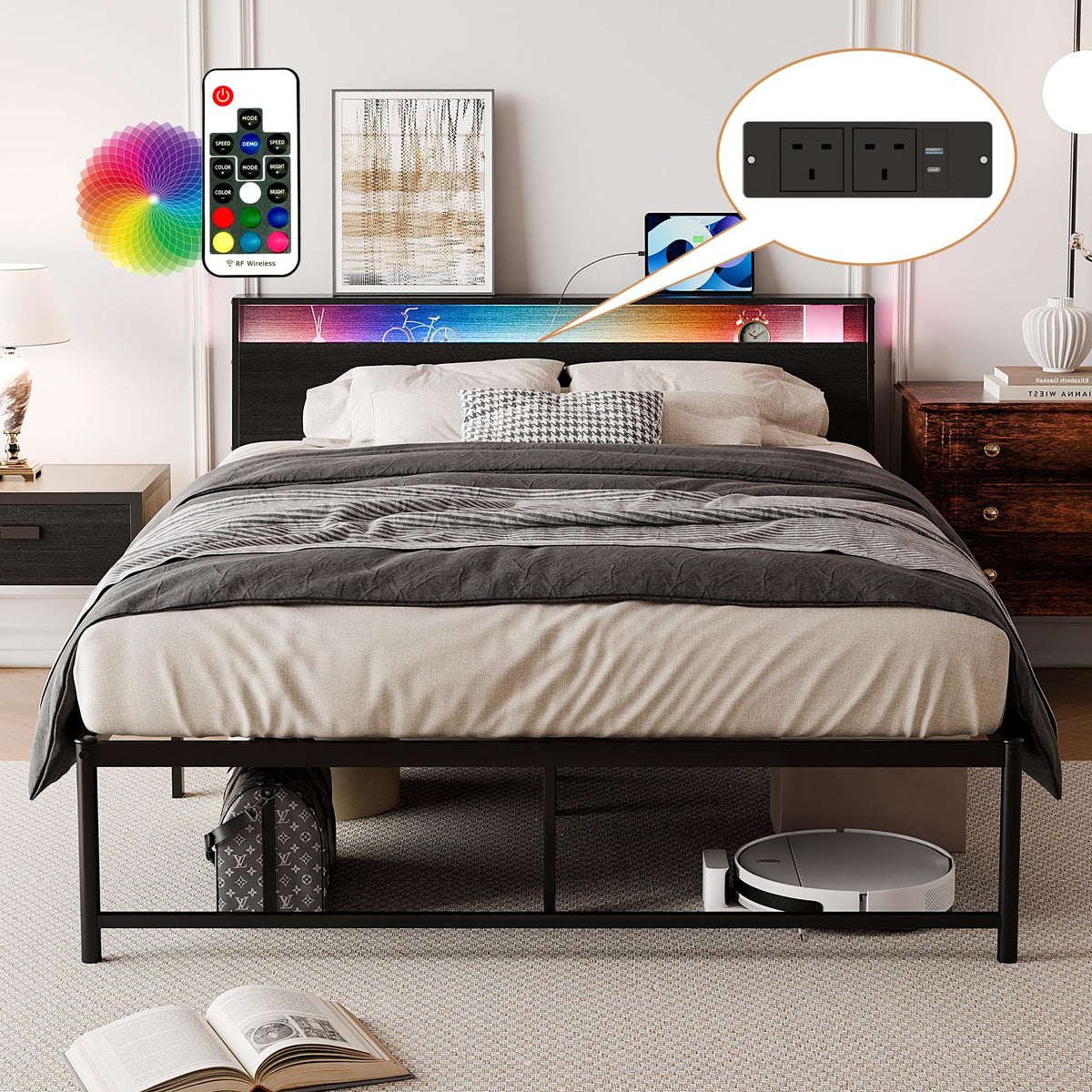 BEXEVUE 4ft6 Double Bed Frame with Power Outlets & LED Strip - Double Solid Vintage Iron Platform Bed, Ergonomic Storage Headboard, Modern Design High