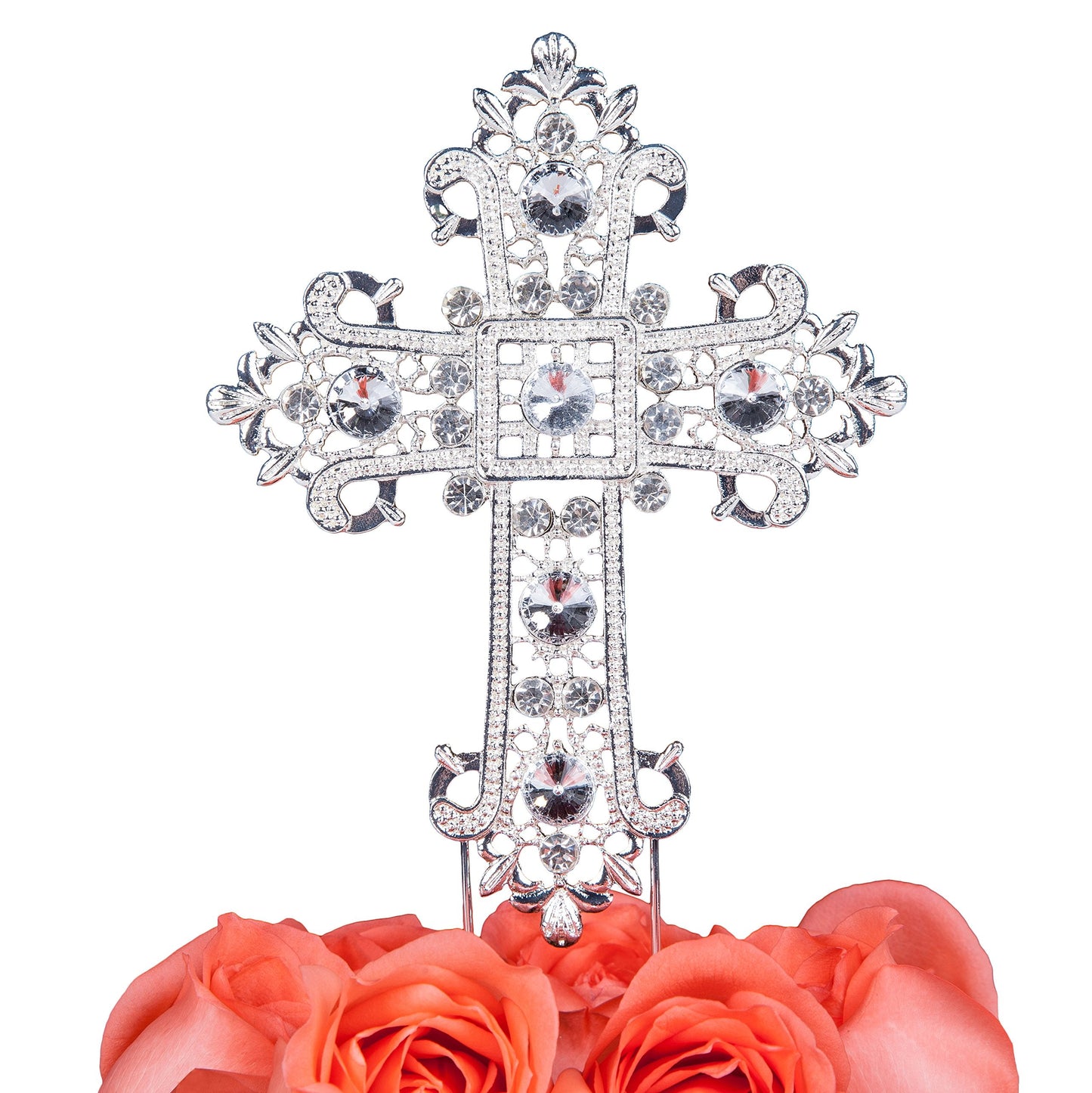 LOVENJOY Large Cross Cake Topper Silver Crystal Rhinestone Baptism Cake Topper for First Holy Communion Cake Decoration, Gift Boxed