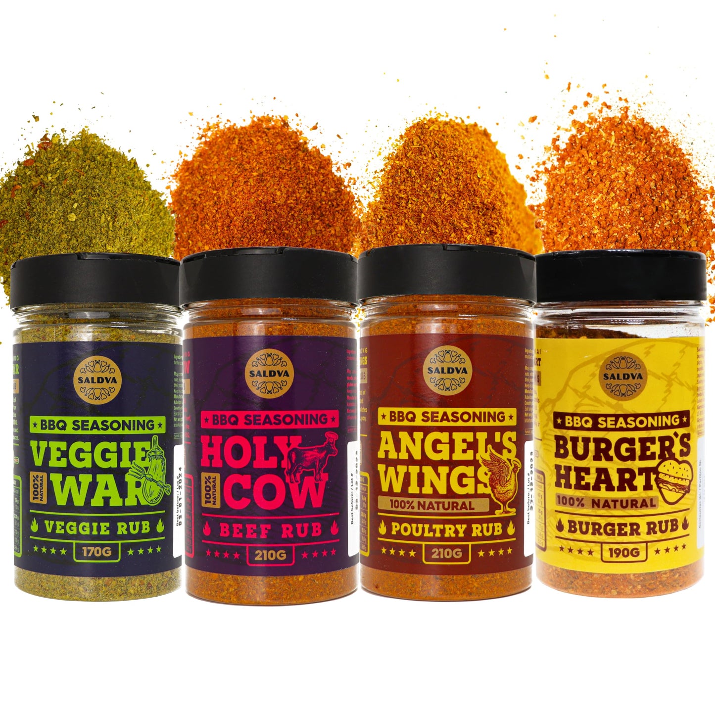 Universal Selection of Premium BBQ Seasonings - Holy Cow, Angel's Wings, Burger's Heart, Veggie War BBQ Rubs | Pack of 4 | 100% Natural | Spice Gift