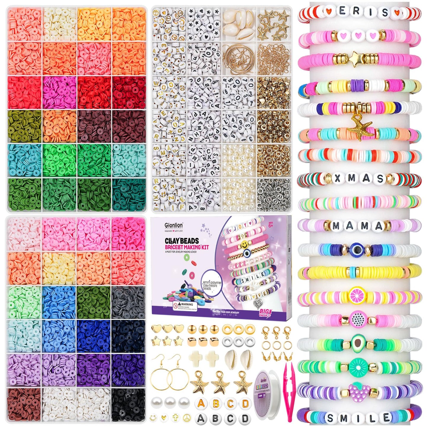 Gionlion 14,000pcs Clay Beads Friendship Bracelet Kit, 48 Colors 3 Boxes Bracelet Making Kit Clay Beads with Number Letter Bead Set Concert Merch Arts