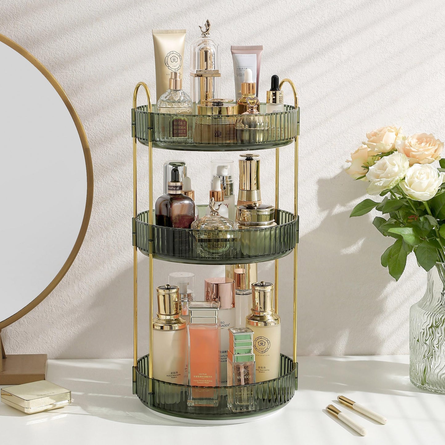 ROWNYEON Makeup Organiser 360 Rotating,Spinning Skincare Cosmetic Organiser 3 Tier Large Spinny Make Up Storage Organiser Shelf for Perfume,