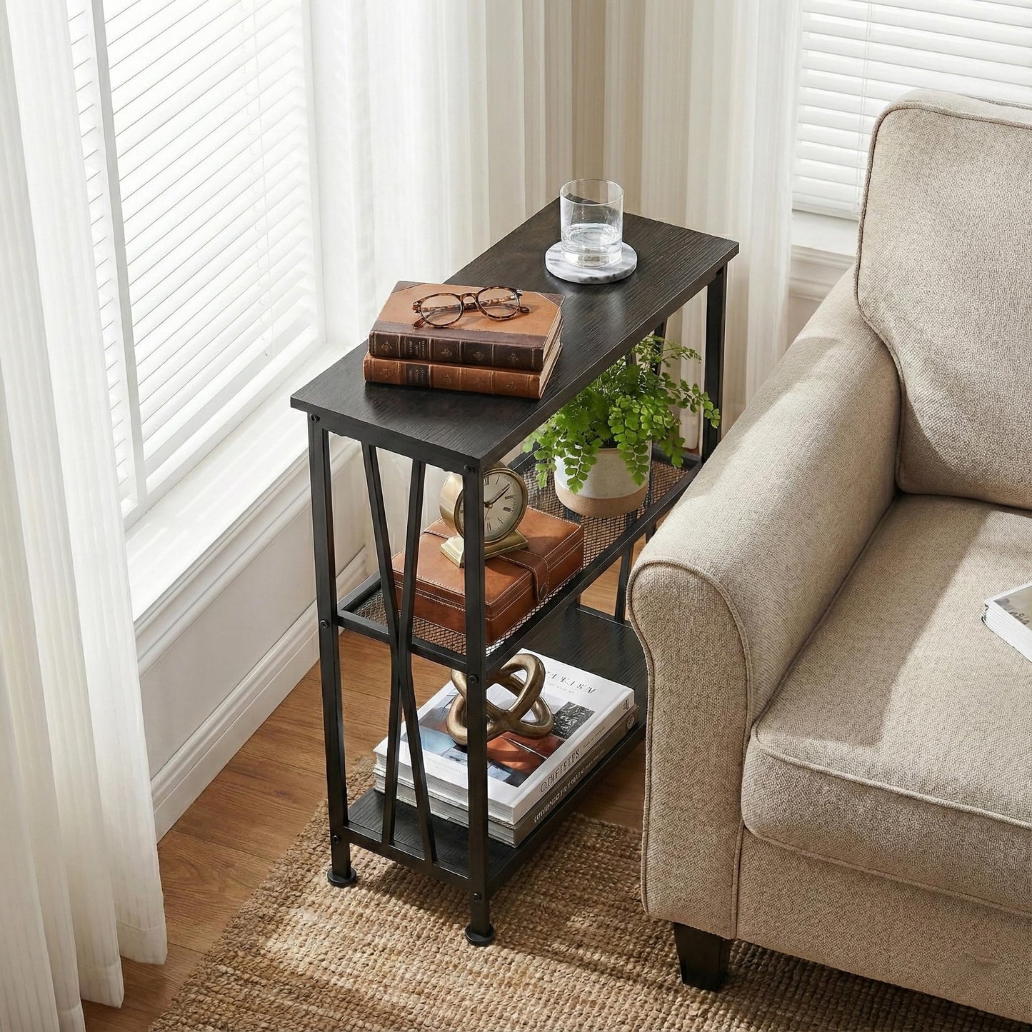 Narrow Side Table,3-Tier End Table With Storage Shelves,Small Hallway Table, Industrial Accent Table With Metal Frame Slim Nightstand Sofa Side Table