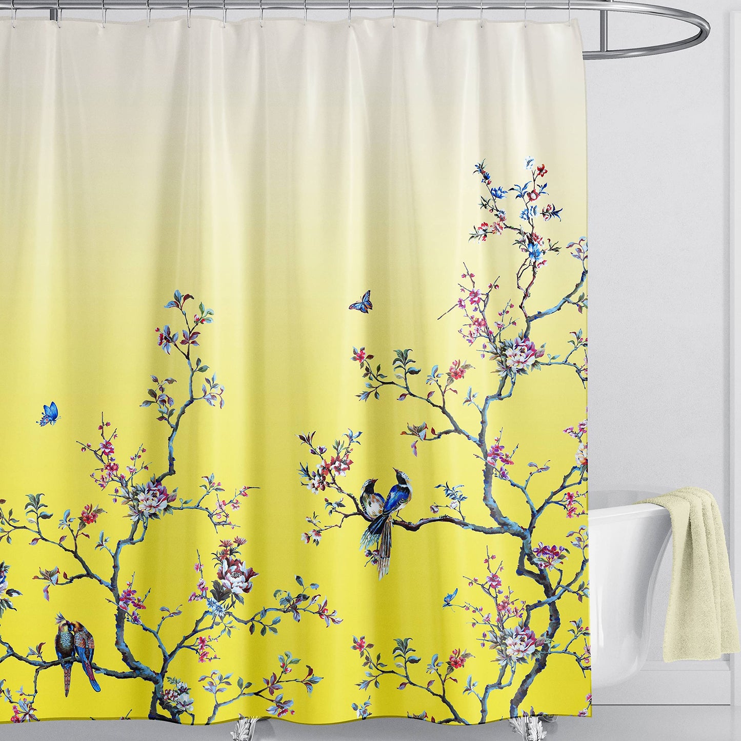 LIVETTY Yellow Bird Floral Shower Curtain 180cm ? 180cm Mould Proof Butterfly Fabric Bathroom curtain For Women & Men With 12 Hooks Washable