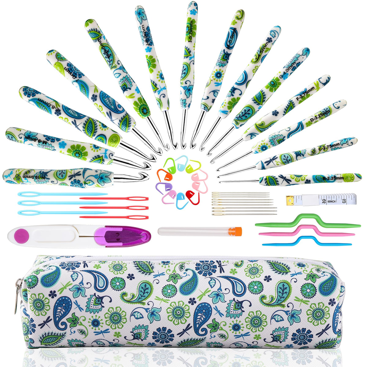 Crochet Hooks Set, 14 Sizes 2.25mm(W)-10mm(N) Ergonomic Grip for Arthritic Hands, Soft Rubber Grip Knitting Hooks Set for Crochet Beginners, Knitting
