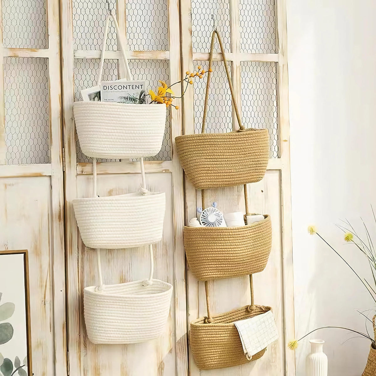 AARAINBOW Wall Hanging Cotton Baskets, Large 3 Tier Decorative Hanging Baskets for Wall Door, Boho Nursery Wall Basket for Organizing