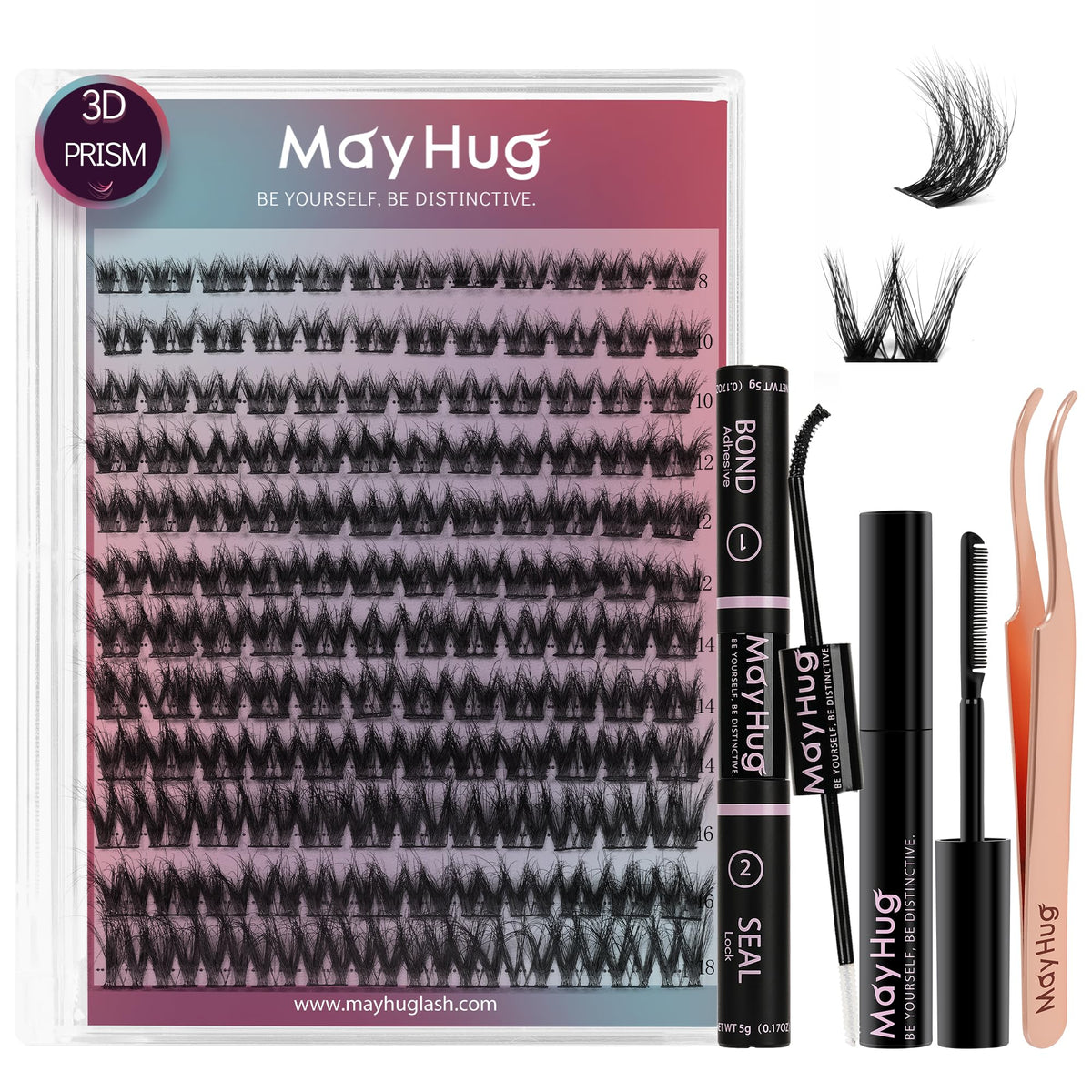 MayHug 3D Wispy Cluster Lashes Kit - Waterproof Lash Clusters 8-18MM C Curl Lashes - 144Pcs Individual Eyelashes Kit with Remover, Bond and Seal