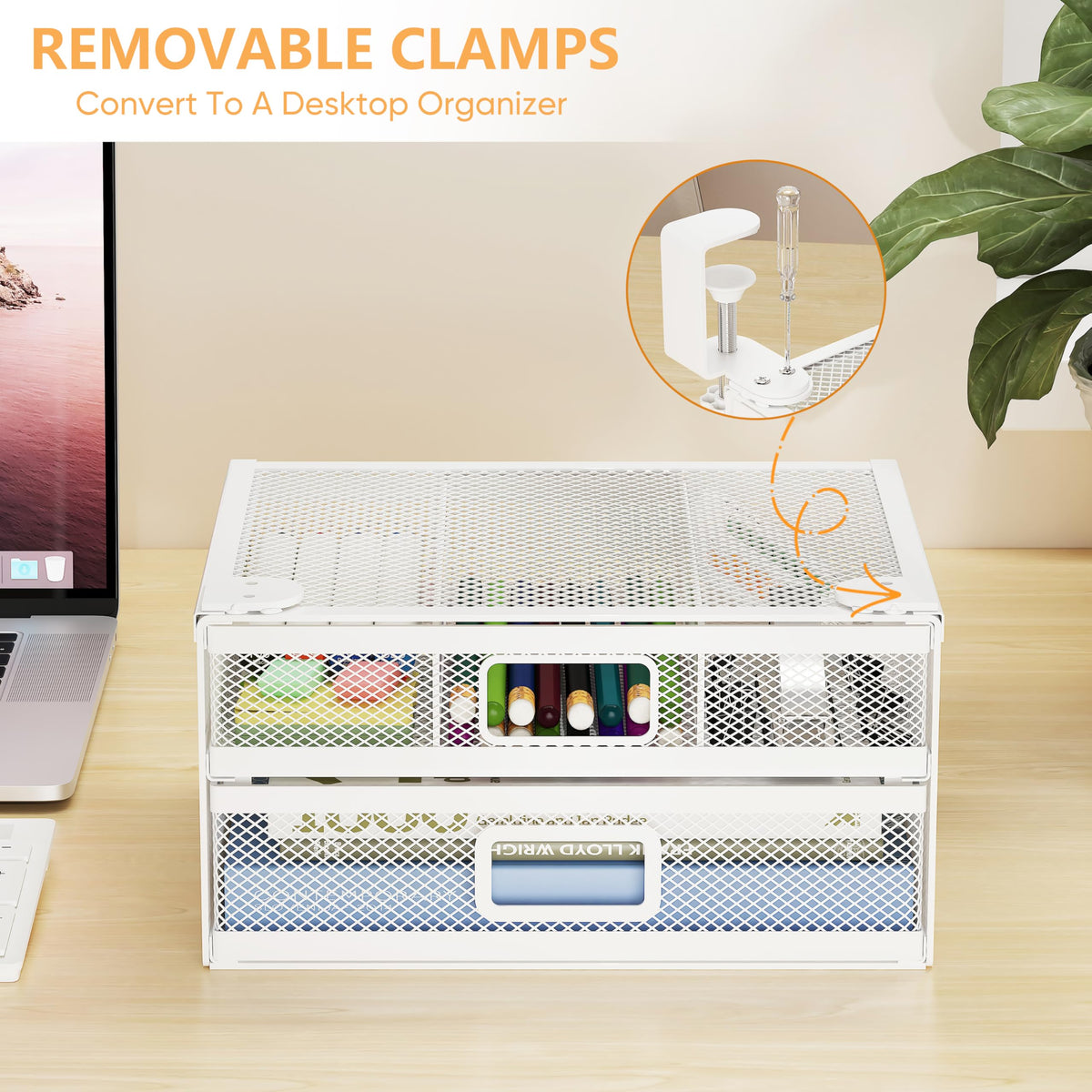 ROLIZOE Clamp On Under Desk Drawers 2 Large Capacity Mesh Metal Drawers Slide Out Under Desk Storage No Drill Under Desk Drawer Organiser Anti-Slip