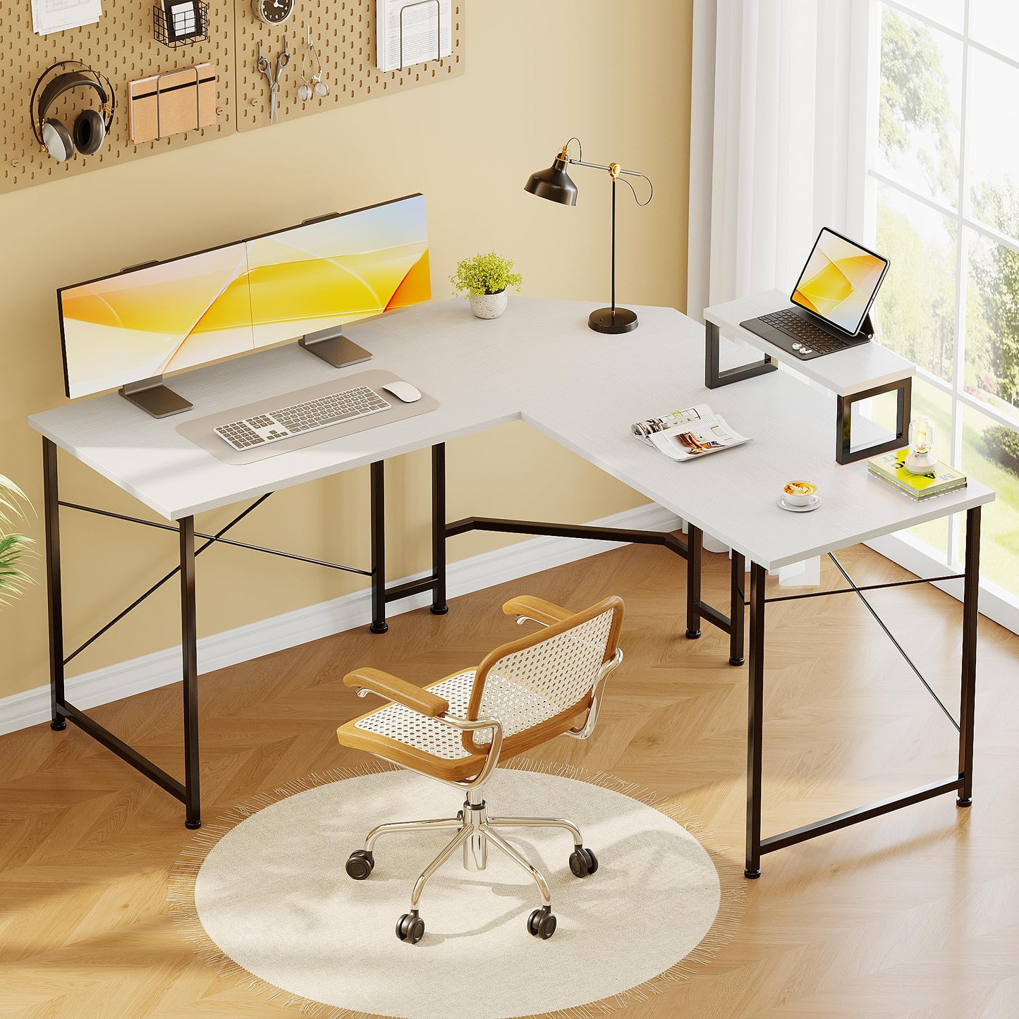 CAIYUN Corner Desk, 50" L Shaped Gaming Desk with Removable Monitor Stand, Computer Desk for Home Office, Metal Frame, White