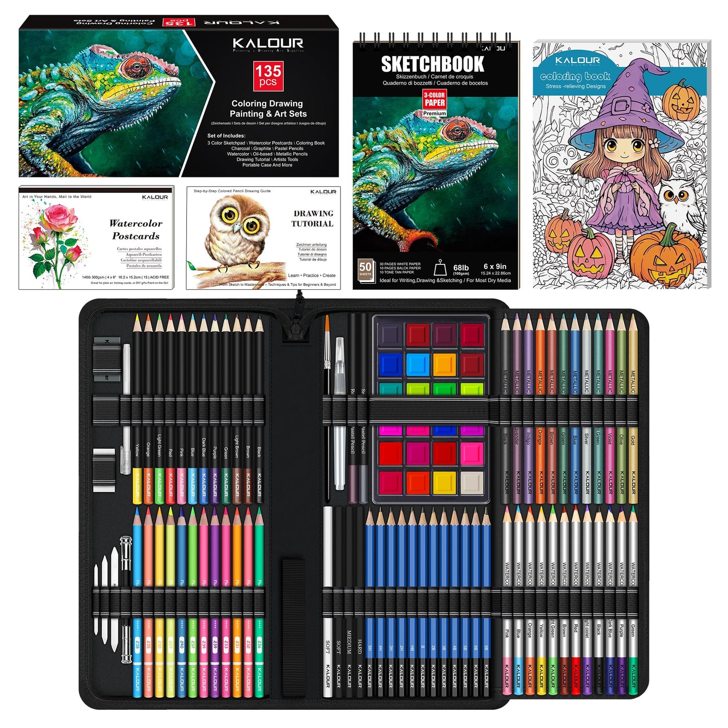 KALOUR 135 Drawing Set Sketching Kit, Art Supplies with 3-Colour Sketchbook & Colouring Paper, Includes Tutorial, Oil-Based, Neon, Charcoal,