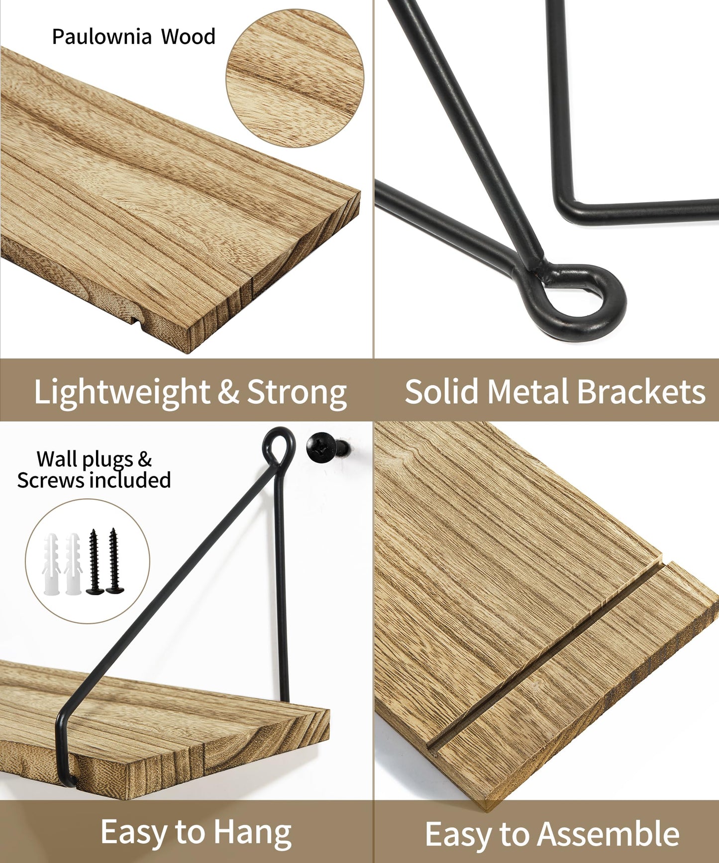 SUMGAR Long Floating Shelves for Wall Rustic Wood Shelf 60CM for Bathroom Kitchen bedroom living room office Wooden Storage Rack Set of 2 With Bracket