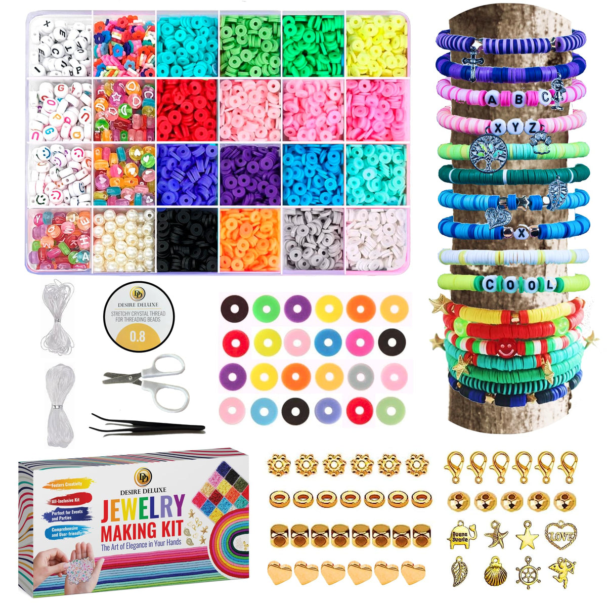 Desire Deluxe Bracelet Necklace Making Kit - Clay Beads Friendship Jewellery - Letters and Crafts Making Kit - Elastic Rubber Pendants for Girls (6084