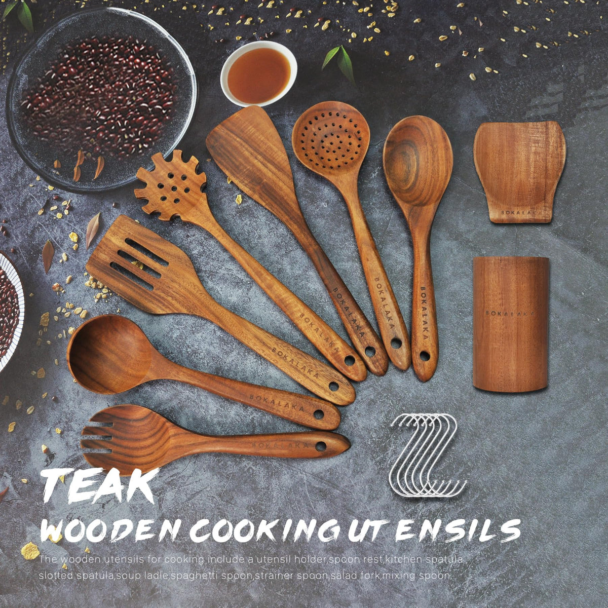 Wooden Spoons for Cooking, 9Pcs Wooden Utensils for Cooking,Wooden Cooking Utensils with Comfort Grip,Teak Wooden Kitchen Utensil Set with Utensils