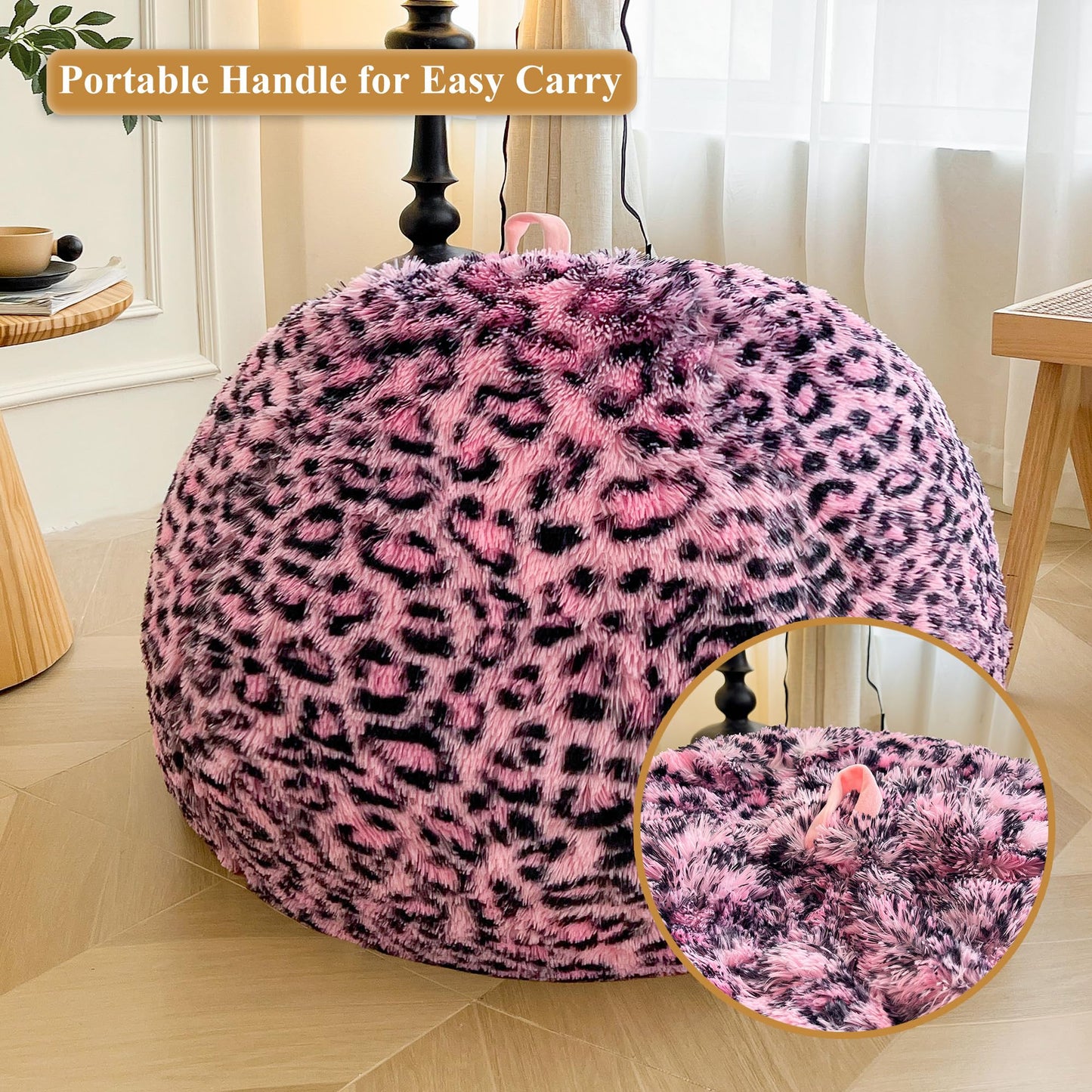 XeGe Faux Fur Leopard Print Bean Bag Chair Cover(No Filler), Black and Pink