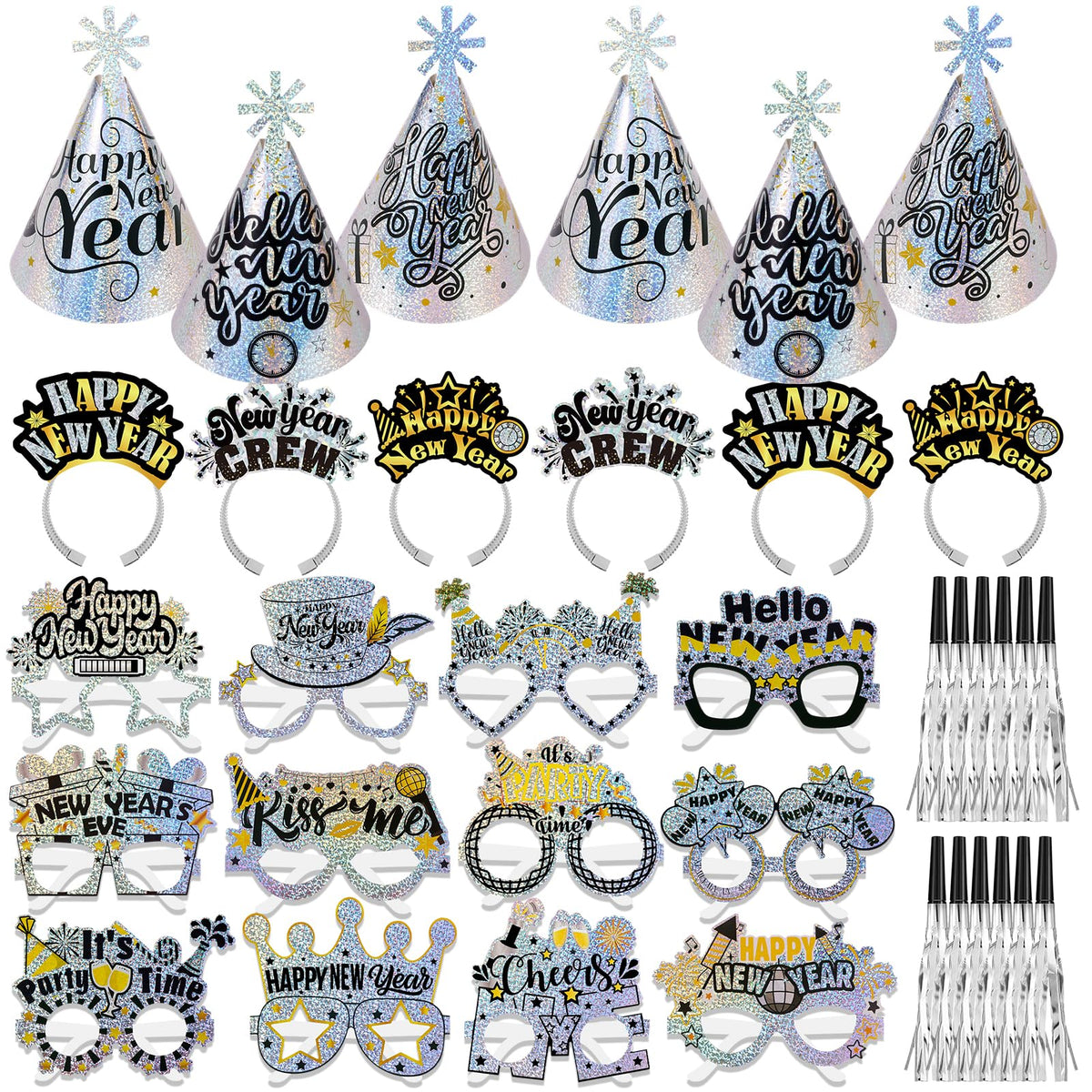 HOWAF Glitter New Years Eve Decorations 2026 Accessories, Happy New Year Headband, Party Hats, Glasses, Blowers for NYE Party Decorations 2026,