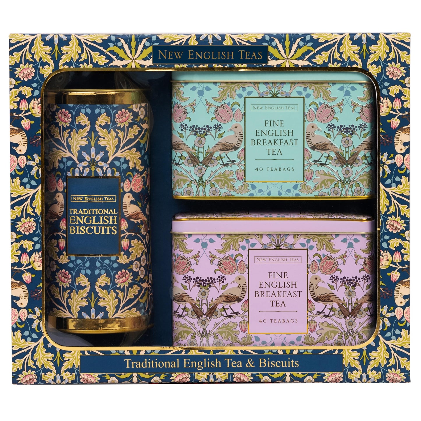 New English Teas Traditional Tea & Biscuits Gift Set - 80 Fine English Breakfast Teabags & 200g Cornish Biscuits in Ornate Collectible Tins - Elegant