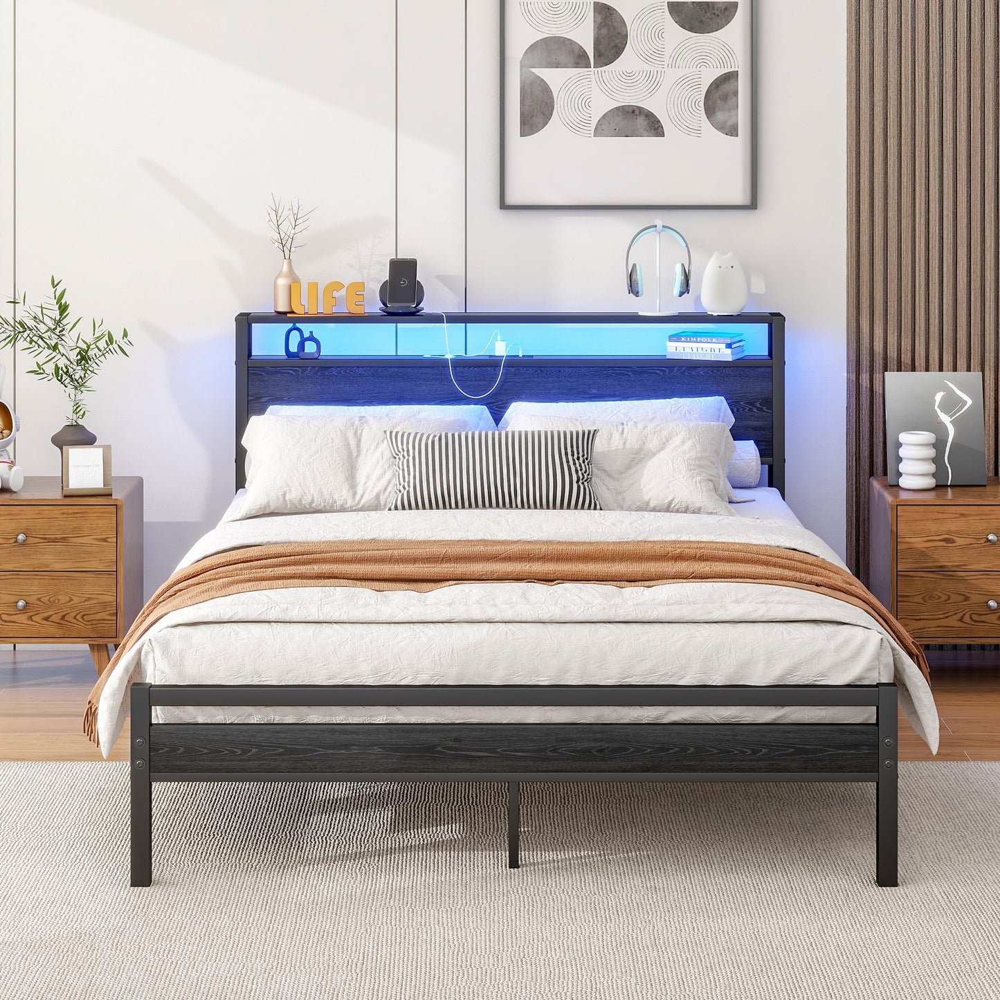 HOJINLINERO Modern Storage Bed bed with USB Charging and LED Lighting, 140 x 200 cm Metal / Wood frame