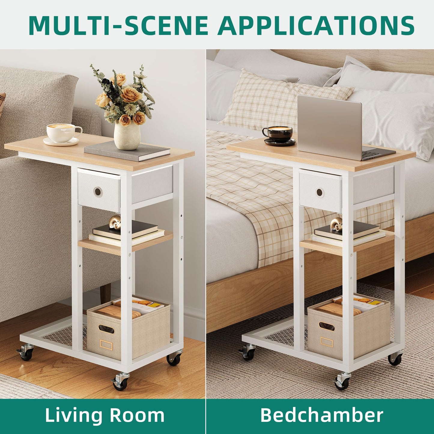 YITAHOME 2PCS C-Shaped Slim Sofa End Table with Fabric Drawer, Oak